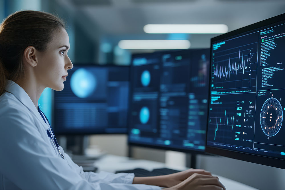 woman looking at computer